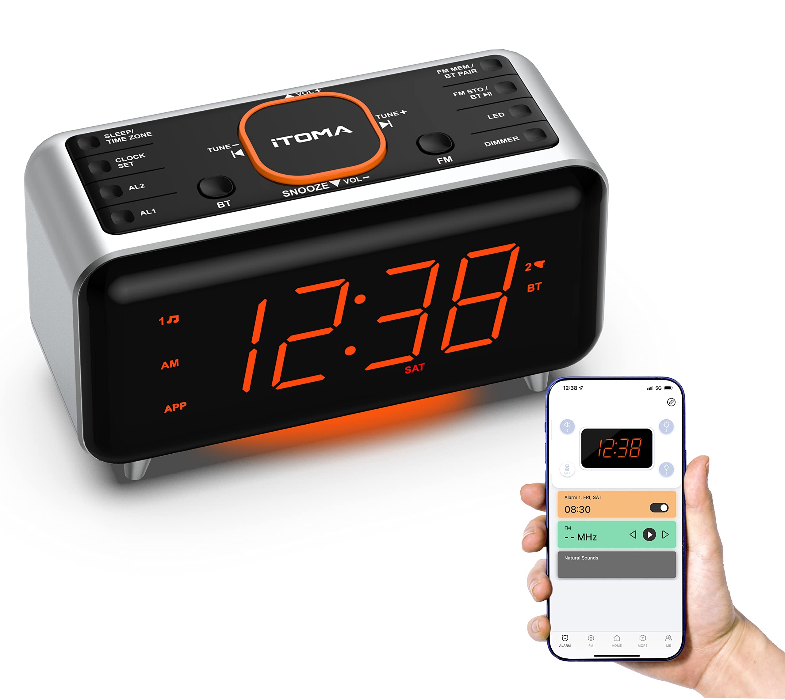 iTOMA Radio Alarm Clock with App Control, Bluetooth, FM Radio, Dual Alarm of 4 Alarm Modes, Snooze, Dimmer, Night Light, USB Charger Port CKS208