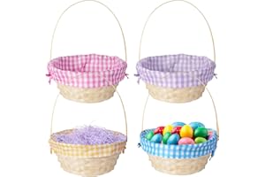 YIDAKO 4 Pack Easter Baskets with Handles and 4 Color Plaid Liners,Empty Wicker Woven Basket Set for Easter Egg Hunt, Spring Kids Party Picnic Supplies 9"x6"