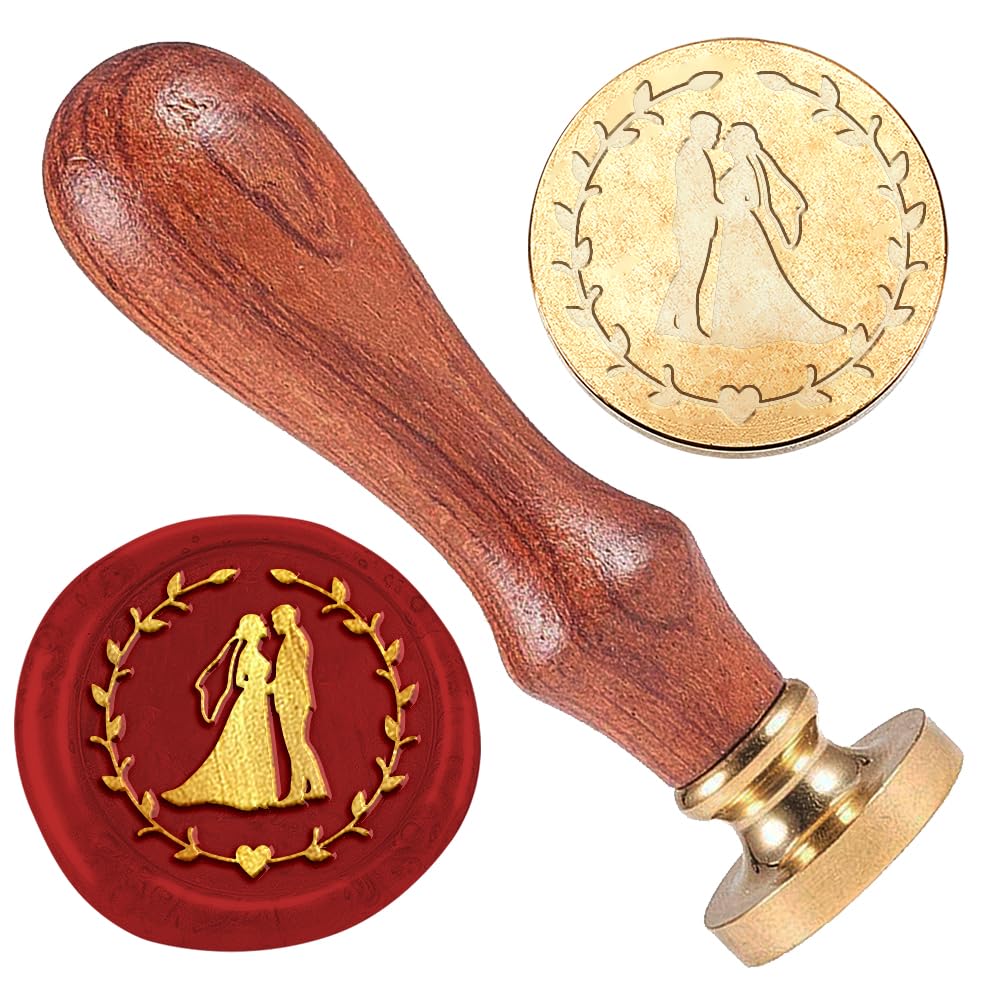 DELORIGIN Bride and Groom Wax Seal Stamp Wedding Invitations Embossed Stamp Sealing Removable 1" Brass Wax Seal Stamp Head with Wooden Handle for Engagement Envelopes Gift Packing Cards Decoration
