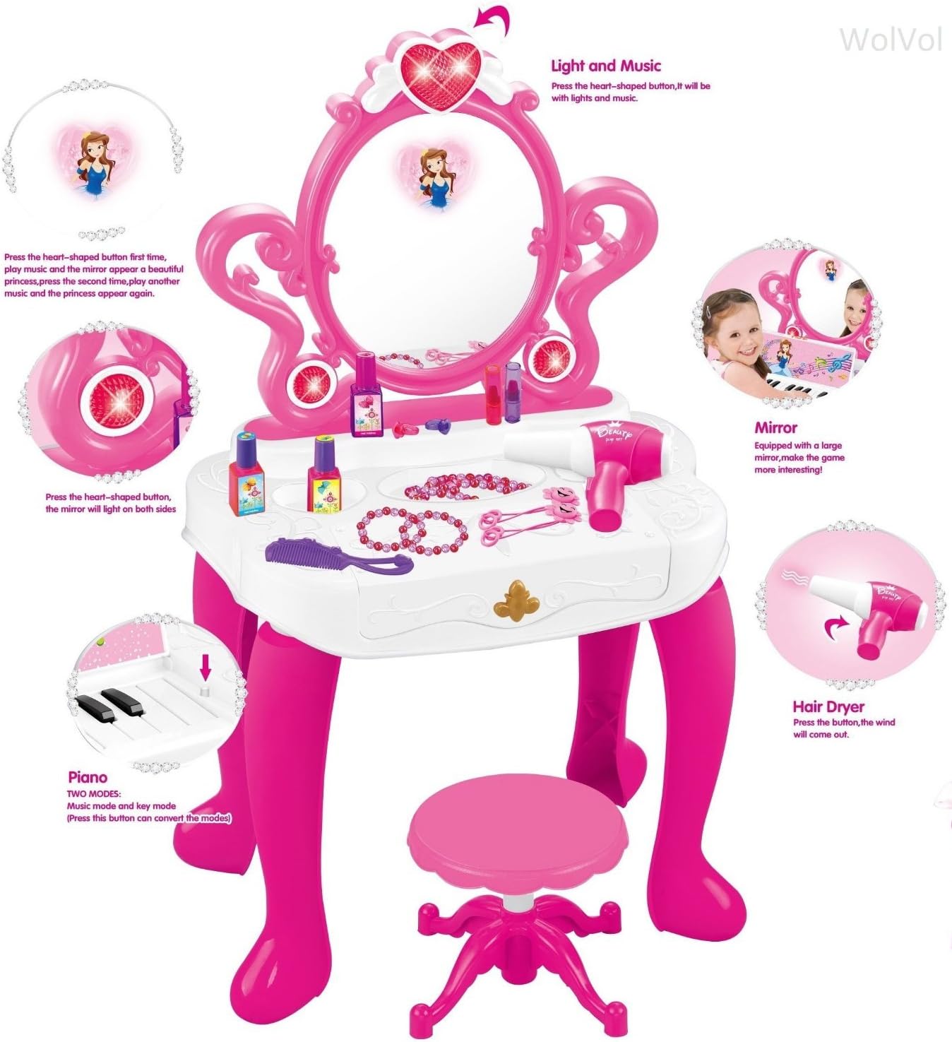 WolVolk 2-in-1 Vanity Set Girls Toy Makeup Accessories with Working Piano & Flashing Lights, Big Mirror, Cosmetics, Working Hair Dryer - Glowing Princess will Appear when Pressing the Mirror-Button: WolVol