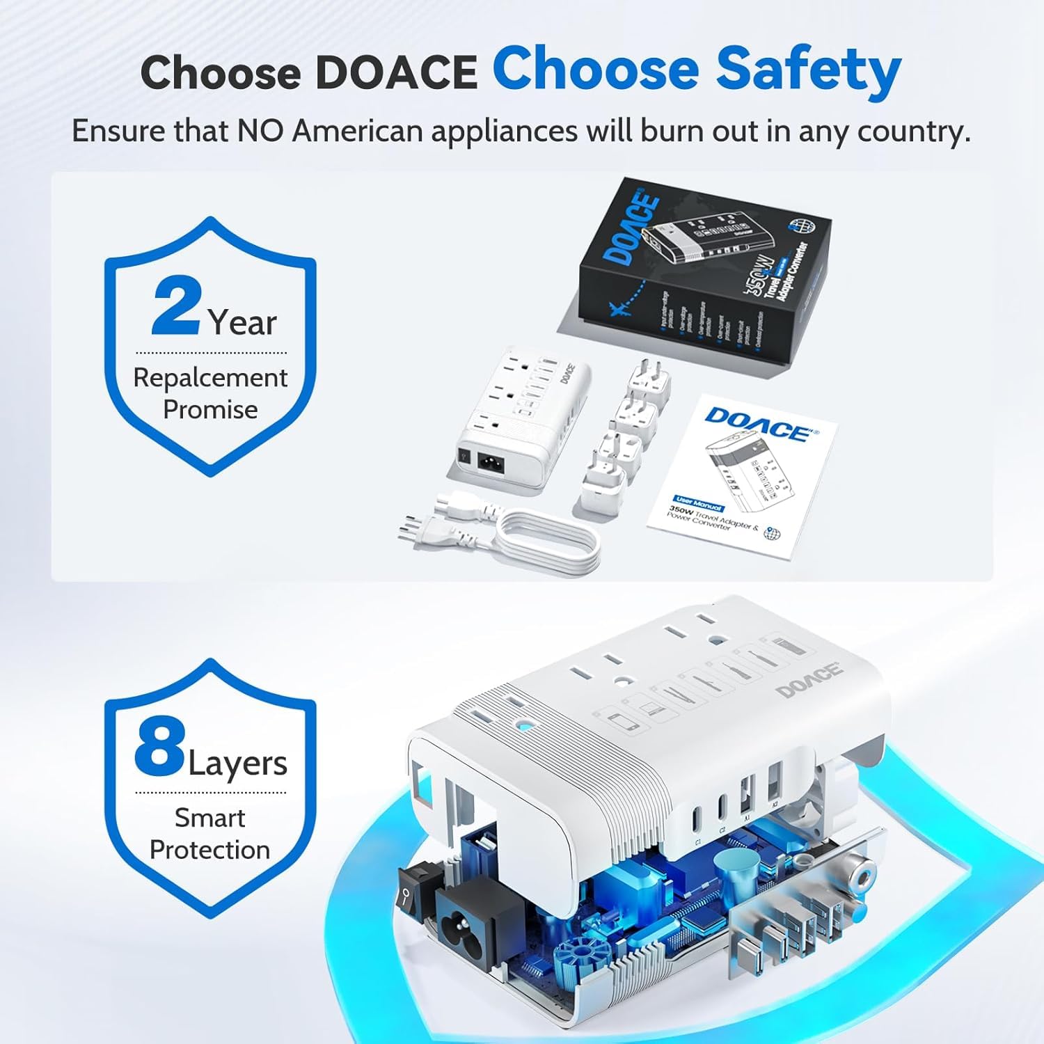 DOACE 220V to 110V Converter for European Travel - 350W Voltage Converter US to Europe with 4 QC+PD Chargers for Using U.S. Devices Abroad - Hair Straightener Shaver Toothbrush Laptop Camera Phone