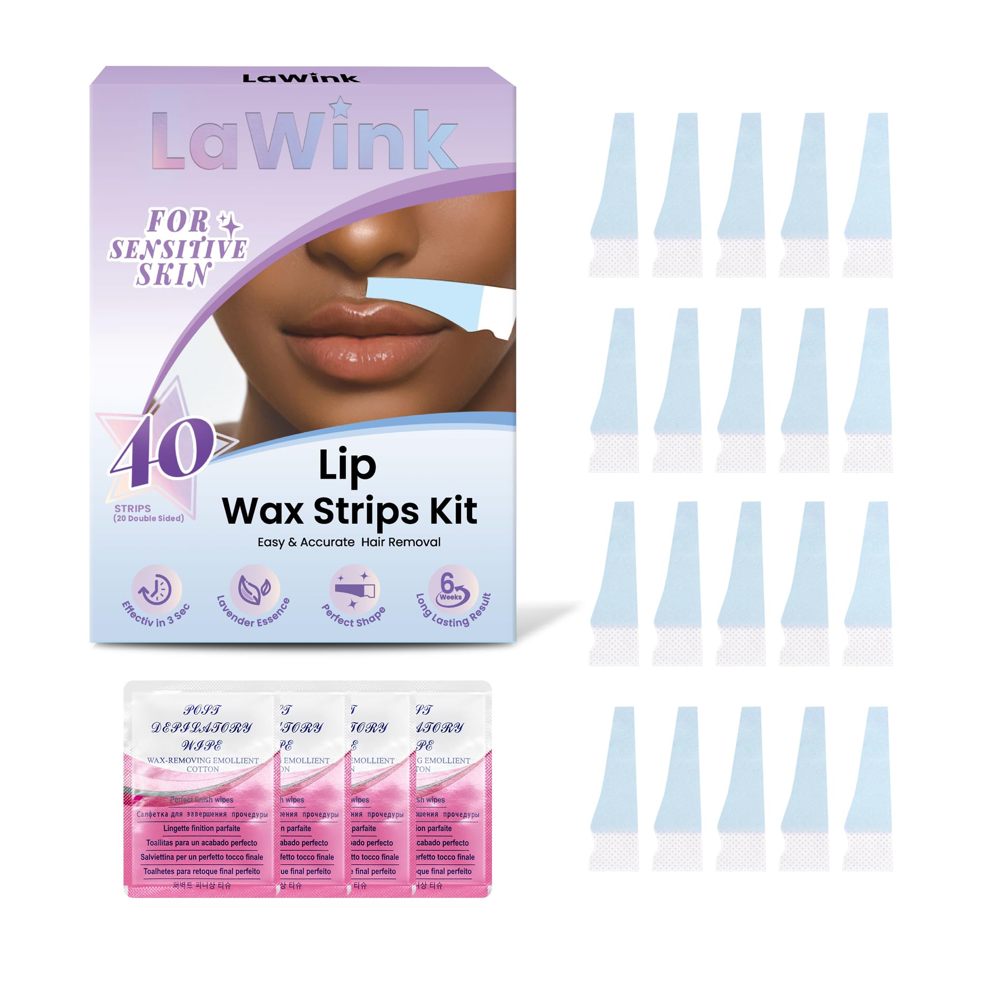 LaWink 40PCS Upper Lip Wax Strips, Face Wax Strips, Facial Wax Strips for Upper Lip and Eyebrow Hair Removal With 4 Calming Oil Wipes eyebrow waxing wax Depilatory tape For Sensitive Skin Lavender