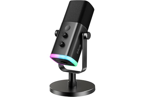 FIFINE USB/XLR Dynamic Microphone for Podcast Recording, PC Computer Gaming Streaming Mic with RGB Light, Mute Button, Headphones Jack, Desktop Stand, Vocal Mic for Singing YouTube-AmpliGame AM8