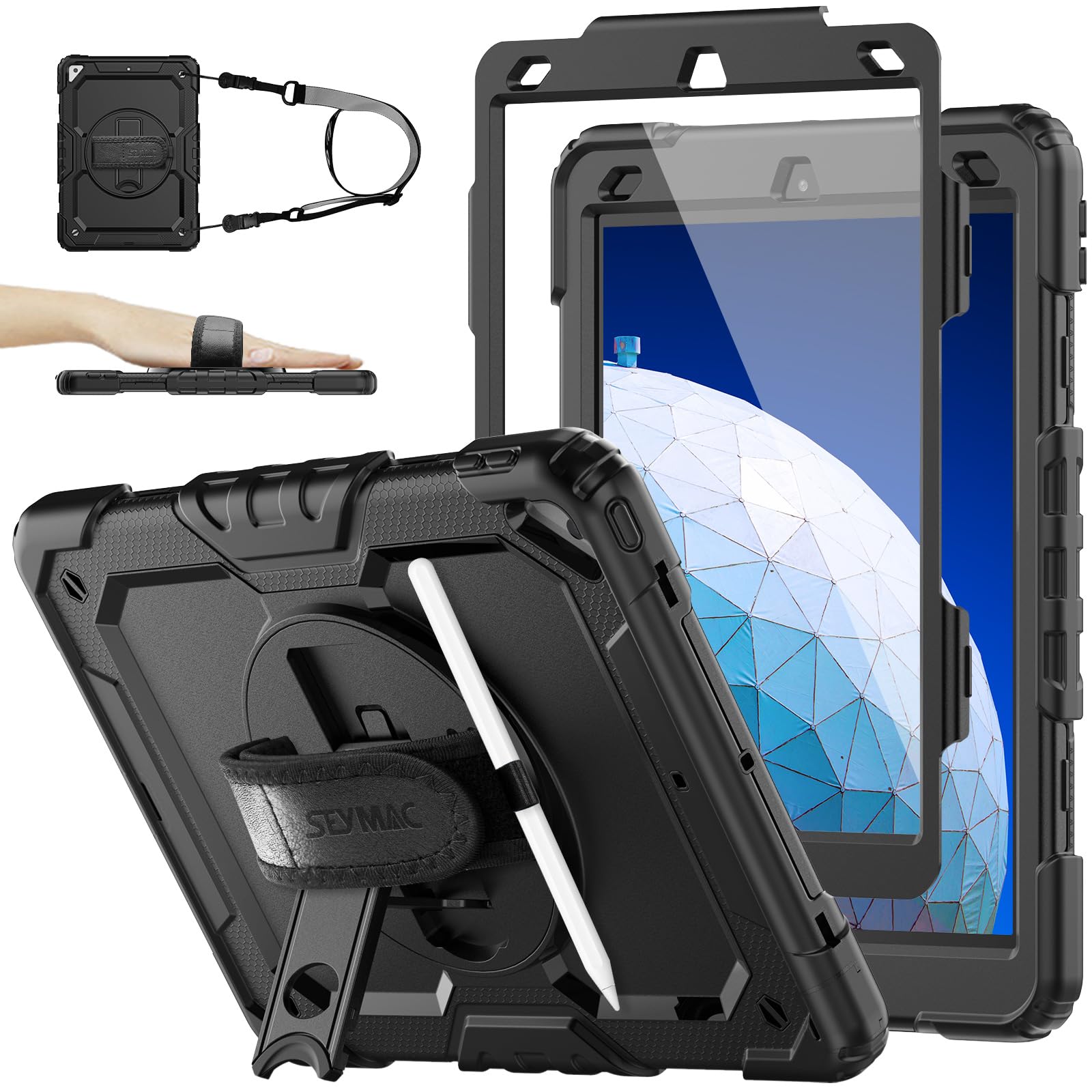 SEYMAC stock Case for iPad Air 3rd Generation/Pro 10.5 Inch, Heavy Duty Shockproof Cover with Screen Protector, 360° Rotating Stand/Hand Strap & Pencil Holder for iPad Air 3 / Pro 10.5 Case, Black