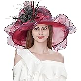 Z&X Women Organza Church Derby Hat Wide Brim Sun Hats for Wedding Tea Party Fascinator Hat, Dual-use