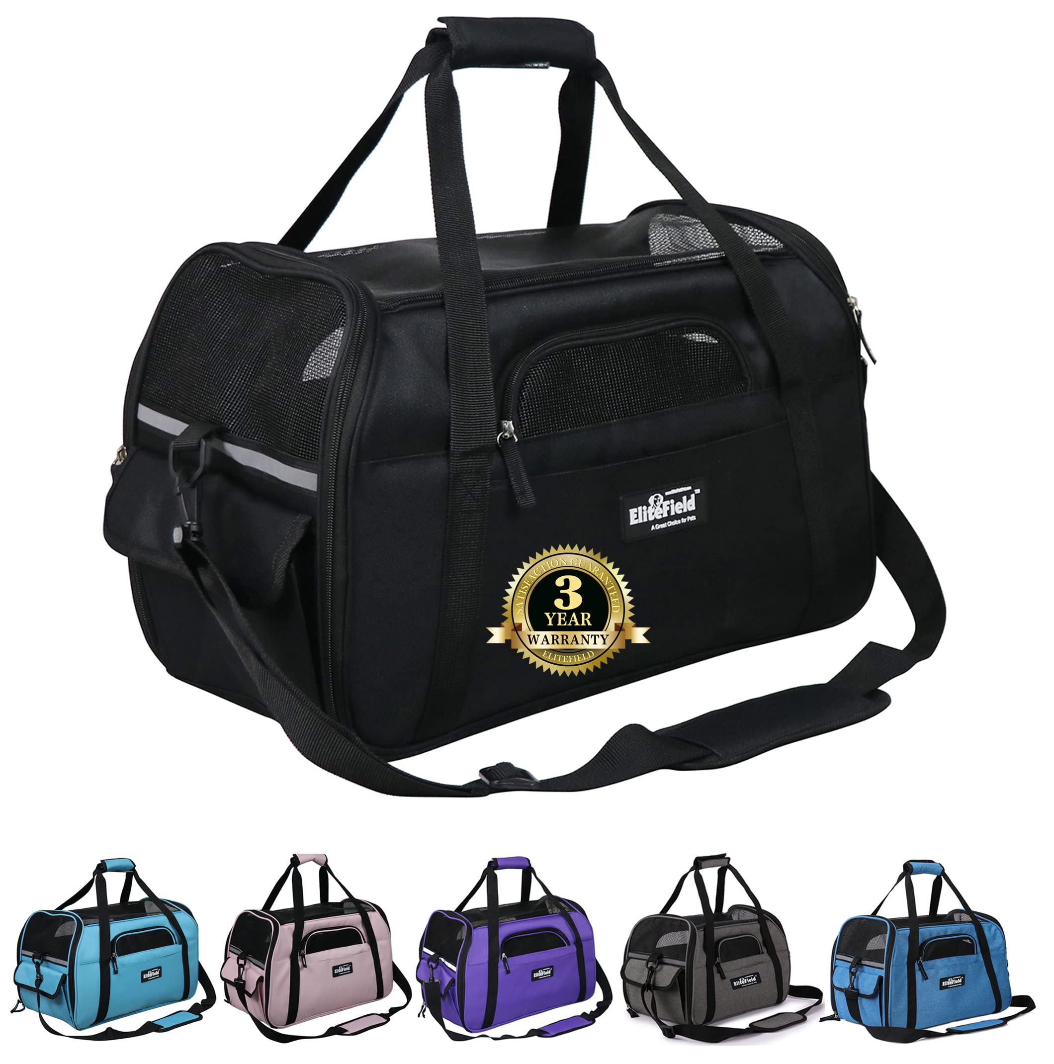 EliteField Soft Sided Pet Carrier (3 Year Warranty, Airline Approved), Multiple Sizes and Colors Available (Large: 19" L x 10" W x 13" H, Black)