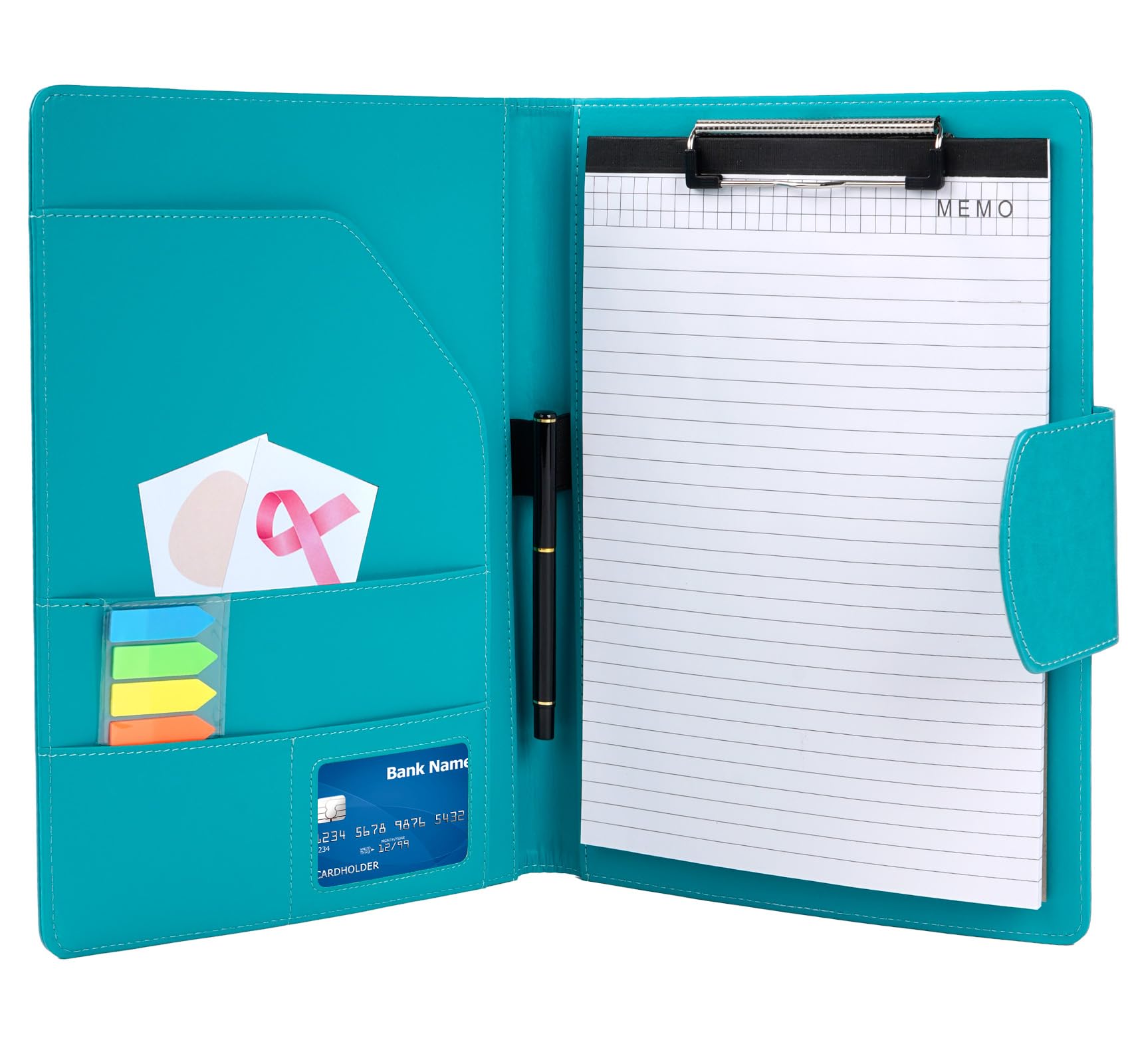 Agoer Clipboard Folder A4,Portfolio Folder A4 for Legal Pad with Magnetic Closure Cover,Faux Leather Folder with Paper,Sticky Arrow Tabs,Pen for Business Organizer Interview,Meeting,Pale Turquoise