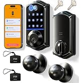Veise VE017-K Fingerprint Smart Front Lock with Knob Set, APP, Matte Black | Remote Access Sharing, Fob Unlock, Touchscreen Keypad Deadbolt, Keyless Entry, Auto-Lock, Easy Install, Low Battery Alarm