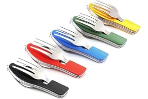 EZYOUTDOOR 5 Pack Camping Utensils, 4-in-1 Portable Stainless Steel Cutlery with Fork, Spoon, Knife, and Bottle Opener - Lightweight, Detachable, and Durable Camping Silverware for Outdoor Events and Adventures
