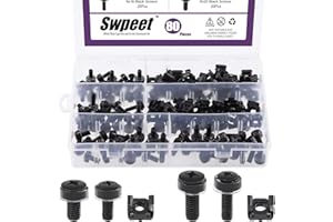 Swpeet 80Packs 4 Sizes M5 M6 Black Computer Mount Cage Nuts and Screws with Metal & Plastic Washers Assortment Kit, Square Ho