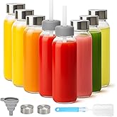 Zukro Glass Water Bottles with Lids & Straw 16 oz, 8 Pack Reusable Juice Bottles With Stainless Steel Cap for Juicing, Leak Proof Clear Smoothie Drinking Jars Beverages Containers, BPA Free