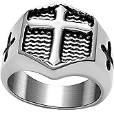 Hoyazvet Christian Cross Rings for Men - Stainless Steel Jesus Jewelry with Celtic Knot Sides (Gold/Black/Silver) - Catholic Religious Gift, Size 7-13