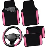 CAR PASS Faux Leather Steering Wheel Cover and Waterproof Car Floor Mats,Universal Car Combo Fit for 95% Sedan,SUV,Cars,14.5-15inch Sporty Anti-Slip Safety Comfortable Design(Black＆Pink)