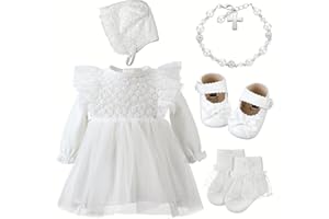 Bunnycool 5 Pcs Baby Girl Baptism Outfit Includes Baby Girl Christening Dress Baptism Bonnet Shoes Socks Cross Bracelet