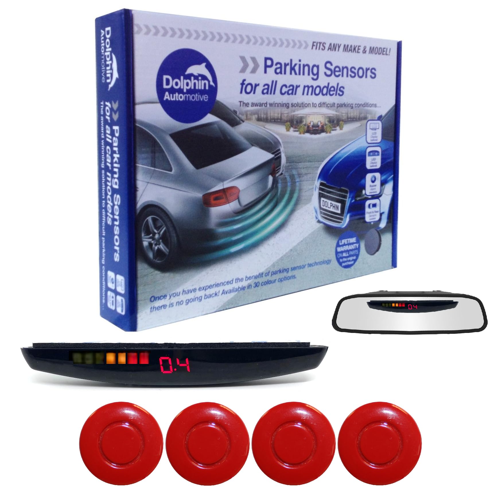 Dolphin DPS455 Reverse Parking Sensors In 32 Colours 4 Ultrasonic Radar Sensors Kit Audio & Rear Roof Mounted Display Alert System Matt & Gloss Black +30 More Colours (Red)