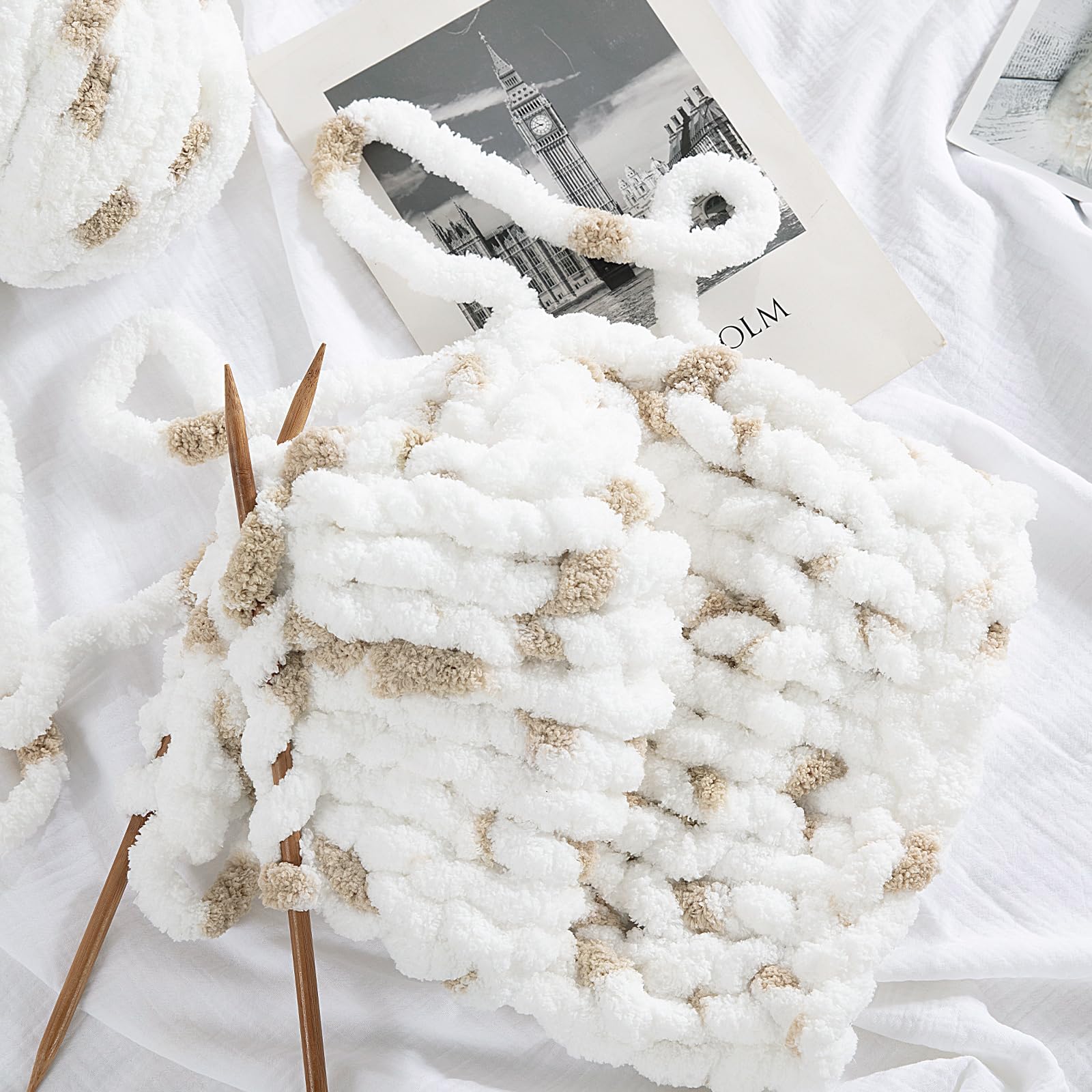 HOMBYS Chunky Chenille Yarn for Hand Knitting,Fluffy Plush Thick Yarn for Arm Knitting,Super Bulky Giant Yarn,Big Soft Speckle Yarn for Crocheting,8 Jumbo Pack,White & Kahki (29 yds,7.5 oz Each Skein)