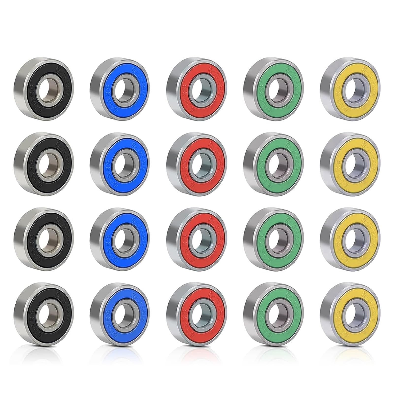 HEITAOZHUANYING 20 Pcs Applicable to 608RS Skateboard Bearings,skateboard wheels, Abec-9 Rubber Sealed Metal Spare Bearing, for Kick Scooter,Roller Skates(Red Yellow Blue Green Black)