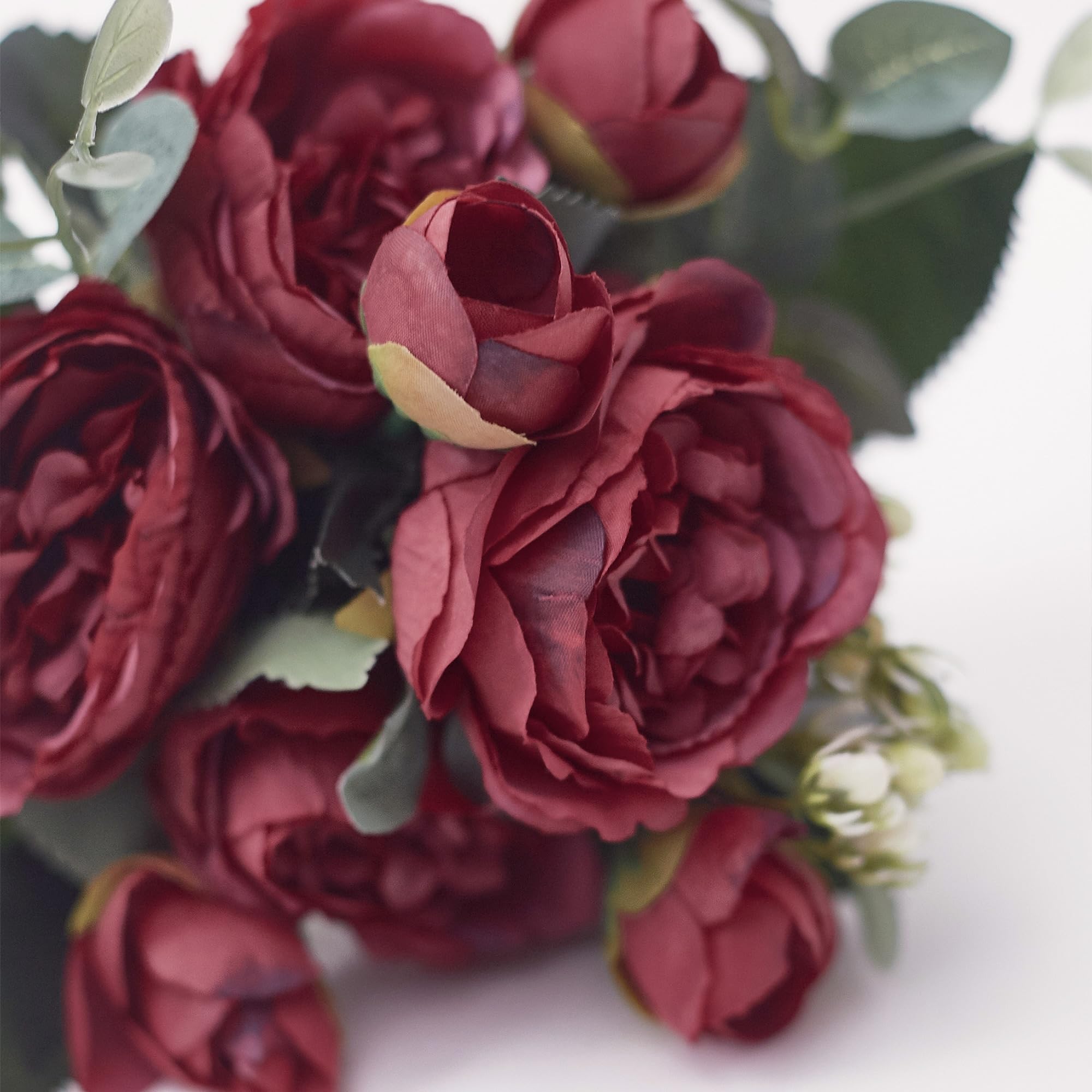 The Baked Studio - Silk Peony and Tea Rose Artificial Bouquet 9 Heads Realistic Fake Plant for DIY Craft Cake Living Room Home Wedding Decoration (Pretty Deep Red)