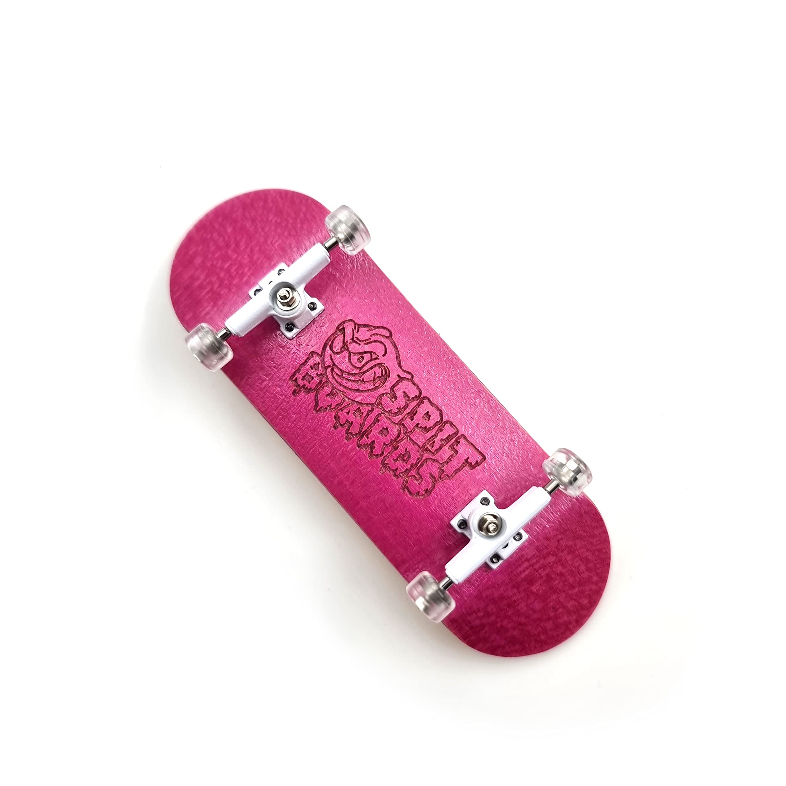 SPITBOARDS® 32 mm Fingerboard Complete Real Wood Set-Up (Pre-Assembled, 5-Layers), Trucks with Lock Nuts, Bearing Wheels, Foam Grip Tape, (Deck: Pink, Trucks: White, Wheels: Transparent)