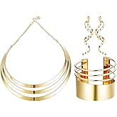 JOERICA Bib Choker Necklace Set for Women Wide Cuff Bangle Bracelets Long Statement Dangle Earrings African Costume Jewelry Set