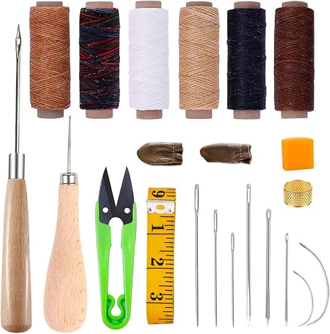 Amazon.co.jp: レザークラフト 手縫い 革工具セット 縫製キット 6色蝋引き 縫い針 針穴の大きい針セット 千枚通しシンブル