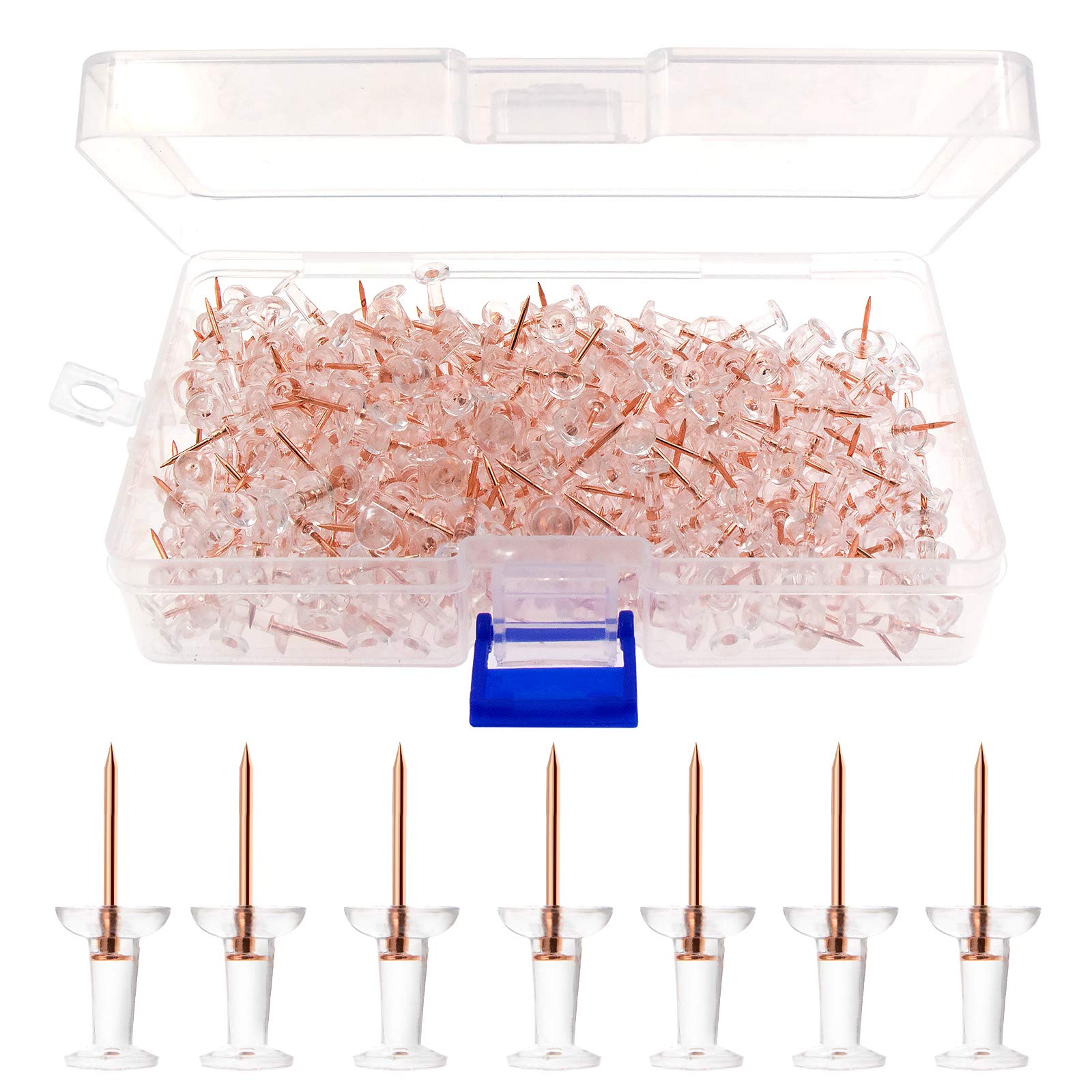 VAPKER 300PCS Plastic Rose Gold Push Pins Clear Thumb Tack Decorative Cork for Cork Bulletin Board, Craft and Picture Hanging at Home Office School