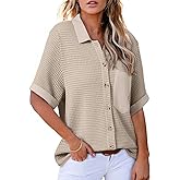 Astylish Womens Waffle Knit Button Down Shirts Tops Casual V Neck Short Folded Sleeve Dressy Blouses