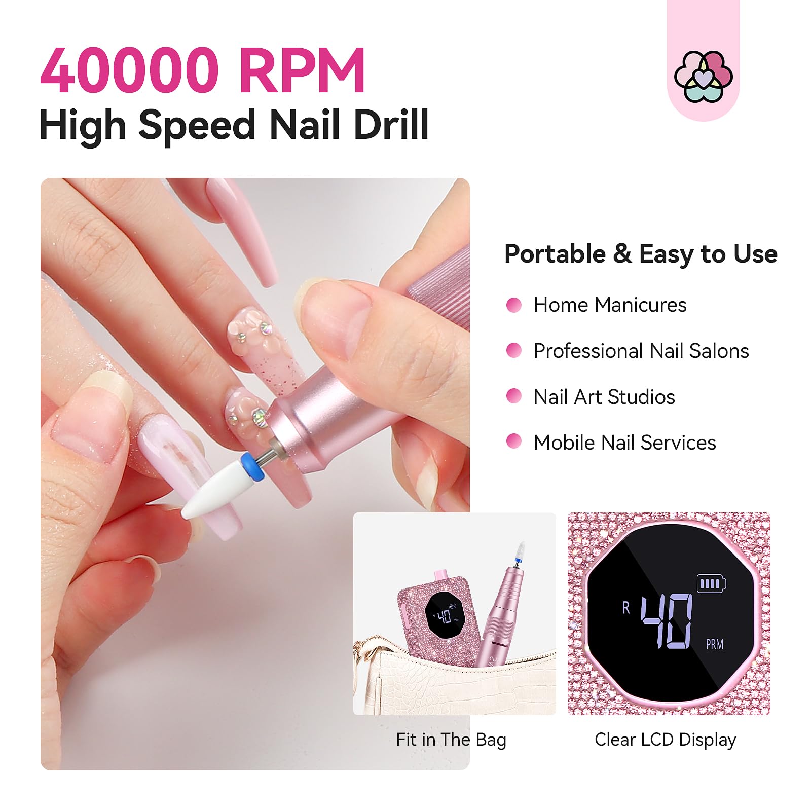 SAVILAND Professional Nail Drill 40000 RPM: Portable Diamond Nail Drill Kit Rechargeable 4000 mAh Electric Nail File for Thick Acrylic Nails with Ceramic Nail D rill Bits Sanding Bands Nail Tech Salon - Image 6