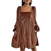 Sexyshine Women's Square Neck Velvet Dress Long Sleeve Tie Back Open Back Ruffle Mini Babydoll Dress