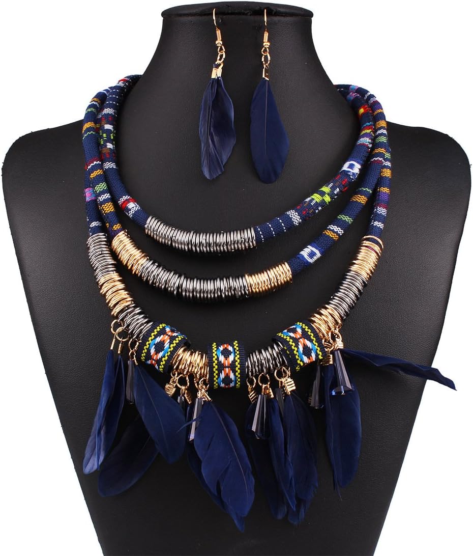 HENGYIDAfrican Style Necklace Multi-layer alloy Feather fringed Necklace Earrings Set