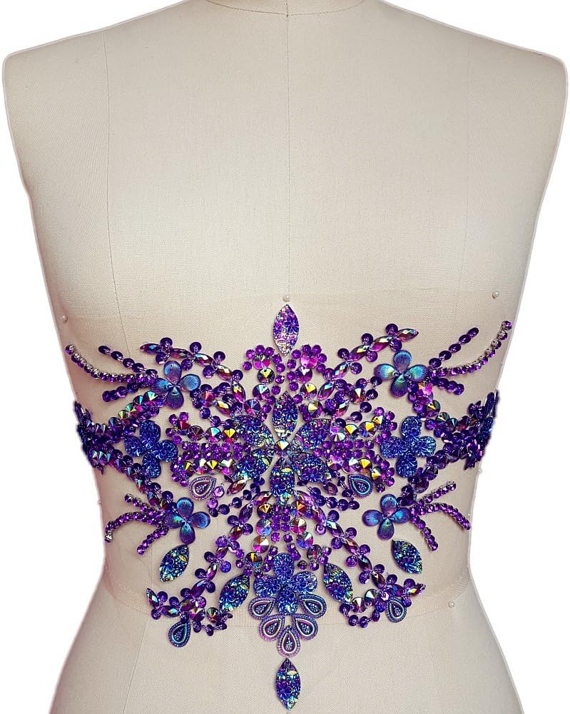 Gorgeous Pure Handmade Beaded Bling Bright Crystal Patches Sew on AB Rhinestones Waist Decoration Applique with Stones Sequins Beads DIY Craft Belt for Wedding Dress Decor Decorations (Purple)