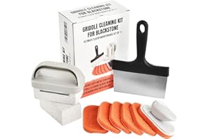 HELIAR Griddle Cleaning Kit for Blackstone- Heavy-Duty Metal Scraper, 2 Grill Cleaning Blocks, and 6 Scouring Pads with Holder - Ultimate Flatop Maintenance Set