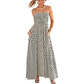 CUPSHE Womens Summer Maxi Dress Casual Sleeveless Square Neck Striped Beach Long Dress with Pockets
