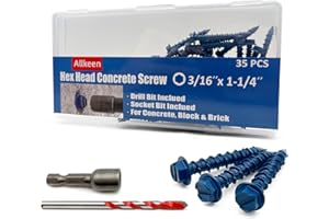 Allkeen 3/16" x 1-1/4" Hex Head Concrete Screws, Anchoring to Masonry, Brick, Block, Cement or Stucco, 35PCS