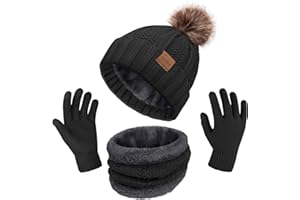 HRUTANE Womens Winter Hat and Scarf Set 3 Pcs, Thick Warm Knit Skull Cap Neck Warmer TouchScreen Gloves