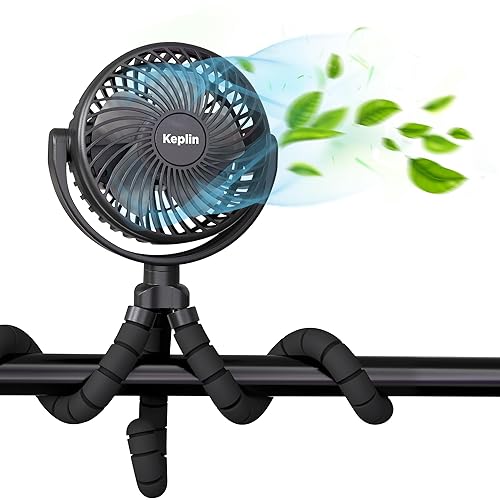 KEPLIN Portable Rechargeable Stroller Fan- 3 Speeds, 5000mAh Battery, Power Bank & 360° Tripod Clip-Child Friendly, Detachable & Rotatable Handheld Fan for Pushchair, Treadmill, Car & Desk(Black)