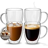 Set of 4 Double Walled Glass Coffee Mugs with Handles, 12oz Clear Coffee Mugs for Hot/Cold Beverages, Insulated Borosilicate Glass Cups for Cappuccino, Espresso, Latte, Tea, Milk, Microwave Safe