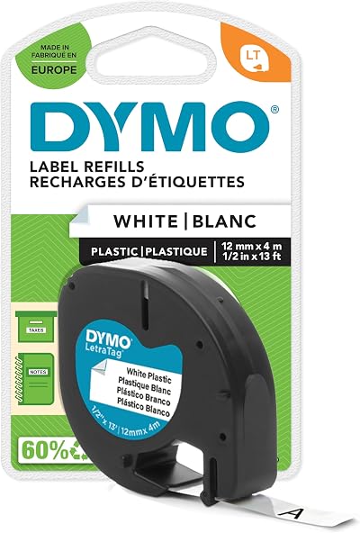 Dymo LetraTag Plastic Tape 12 mm x 4 m Black on White S0721660