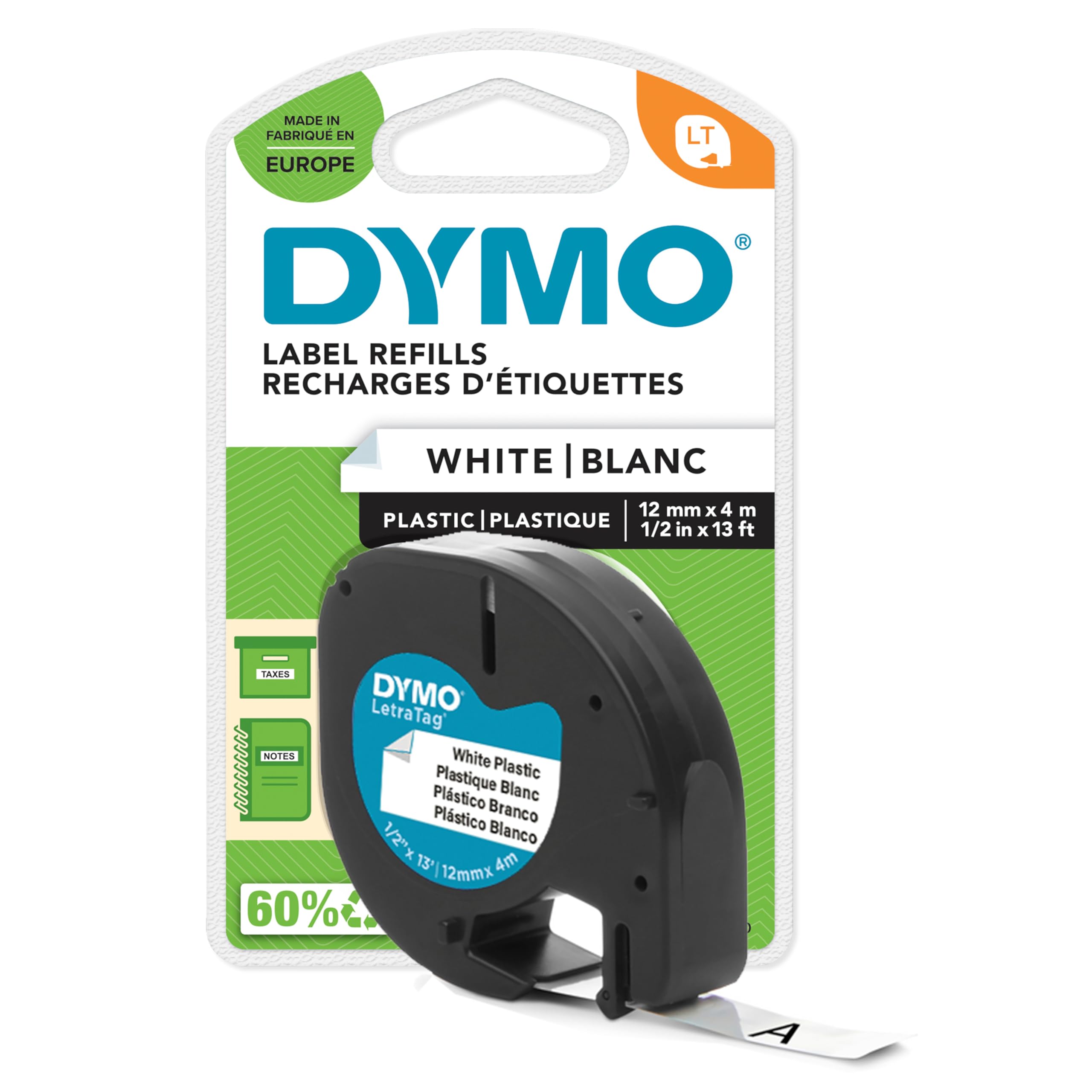 Dymo S0721660 LetraTag Plastic Tape, Self-Adhesive, 12 mm x 4 m Roll, Black Print on White