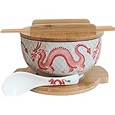 XWORLD Japanese Ceramic Ramen Noodle Bowls Set with Ceramic Spoon, Bamboo Chopsticks, Lid & Trivet, Serving Capacity of 33.8 OZ, Microwavable Oven Safety (3.3” x 6.6” D) (Red Dragon)