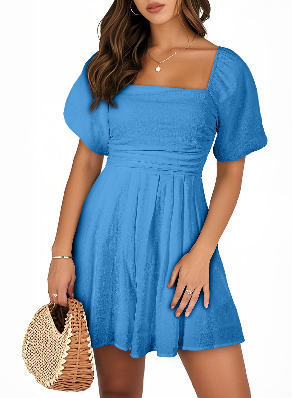Photo 1 of AlvaQ Summer Rompers for Women Dressy Cute Short Sleeve Square Neck Wide Leg Short Jumpsuits Mini Dress Vacation Clothes,Blue,2X-Large
