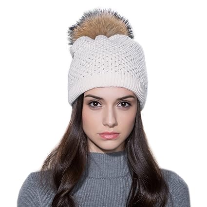 Ferand Damen Echt Waschbär Pelzbommel - Fellbommel - Mützenbommel Strick Mütze Strass Winter Beanie für Frauen