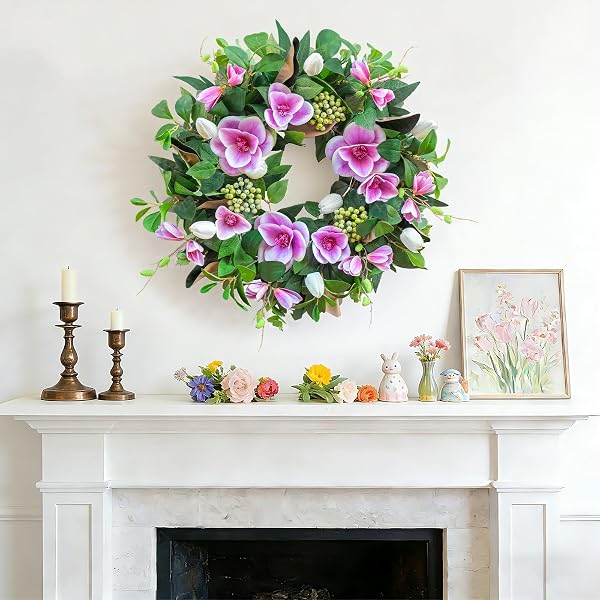 SPRING WREATHS FOR FRONT DOOR OUTSIDE– 24 INCH SPRING DOOR WREATH WITH PINK MAGNOLIA AND ANEMONE FLORAL WREATH WITH GREENERY,COLORFUL WELCOME SUMMER WREATHS FOR FRONT DOOR (GREEN)