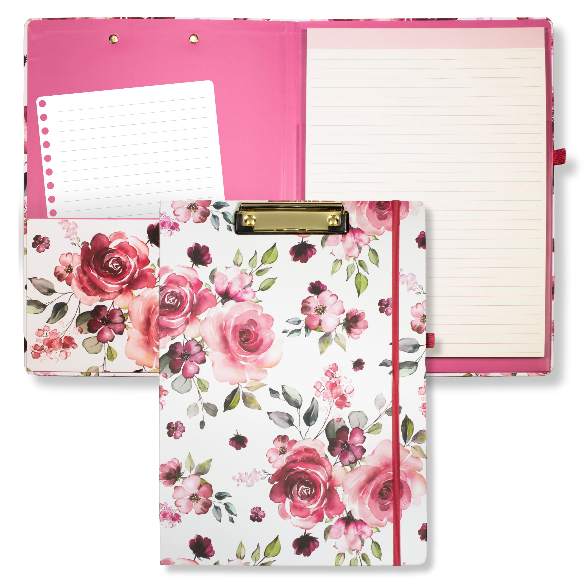 Steel Mill & Co Cute Clipboard Folio with Refillable Lined Notepad and Interior Storage Pocket, Pink Padfolio for Work, Rose Floral