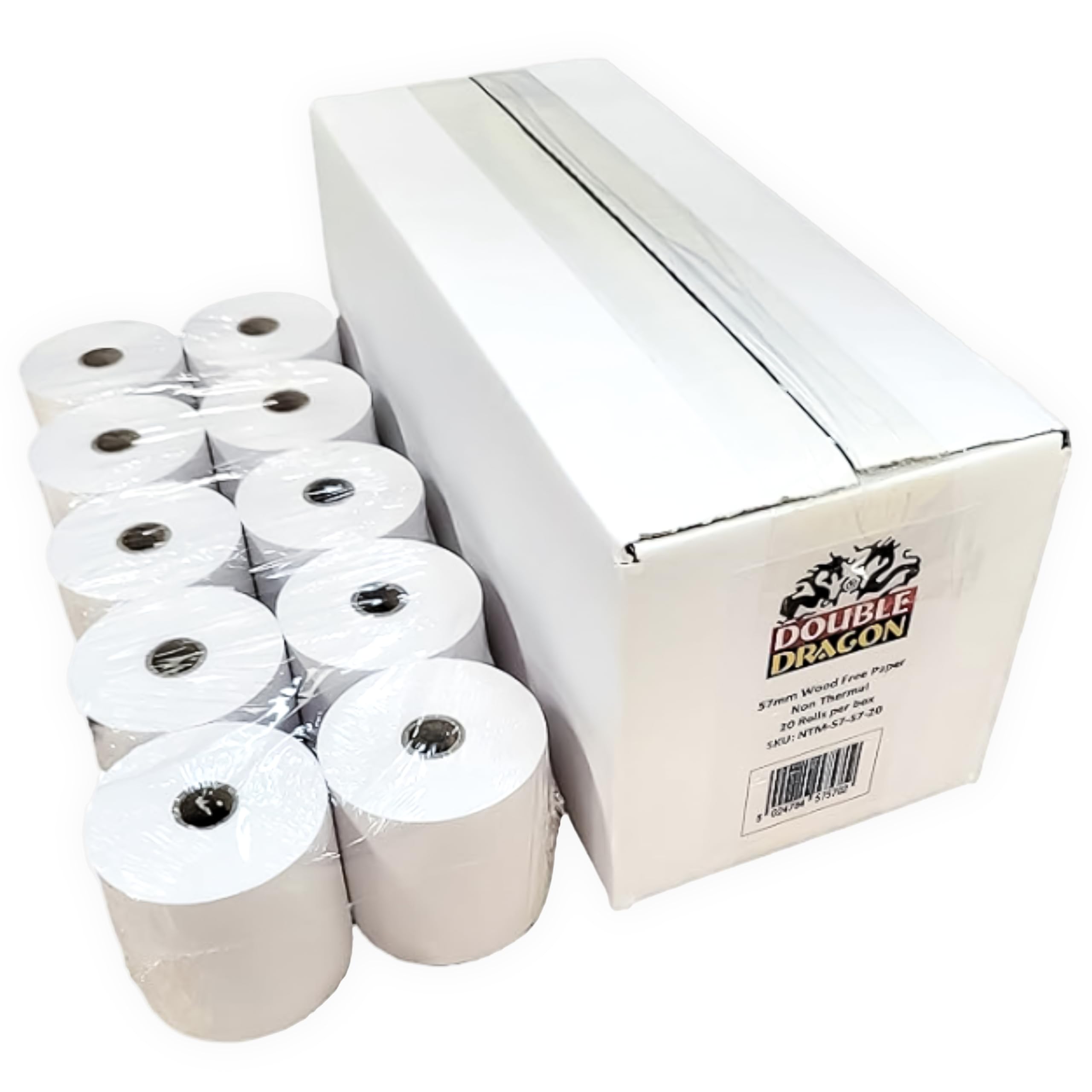 Double Dragon 57x57mm 1-Ply Carbonless Paper Rolls |Non-Thermal for Kitchen Printer, Printing Calculator, Cash Register, Adding Machine, Dot Matrix Impact Printer (20 Rolls)