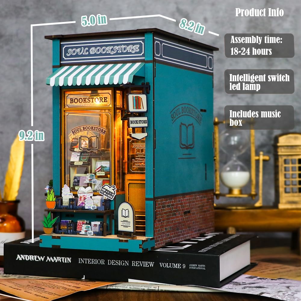 DIY Book Nook Kit, DIY Dollhouse Booknook, 3D Wooden Puzzle Bookends, Book Nook Miniature Kits with LED Light for Adults(M2314)