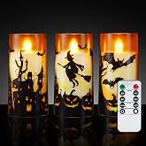 Homemory Halloween Realistic Flickering Flameless Candles, Orange, Set of 3 | 3-Pack Battery Operated LED Candles with Remote Timer, Adjustable Brightness, Realistic 3D Flame for Halloween Home Decor