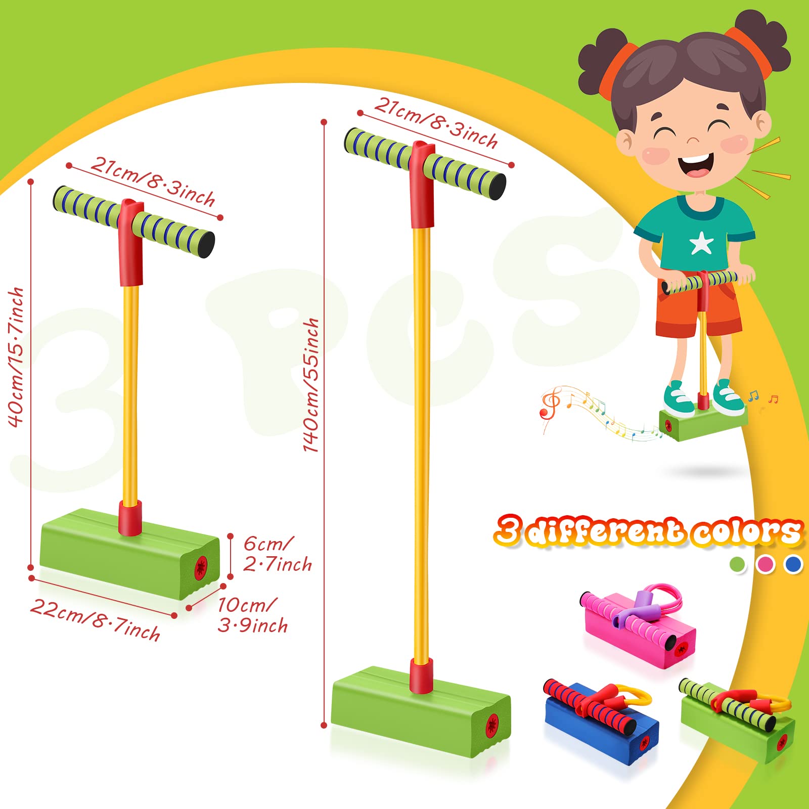 3 Pcs Pogo Stick Foam Jumper Toy Foam Pogo Fun and Safe Jumping Stick for Teens Adults Outdoor Indoor Toys Gift, Makes Squeaky Sounds and Squeaks with Each Hop