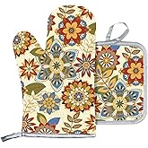 Boho Kitchen Decor Oven Mitts and Pot Holders Sets, Boho Kitchen Accessories, Heat-Resistant Oven Gloves and Hot Pads for Cooking, Barbecue, Gifts for Women