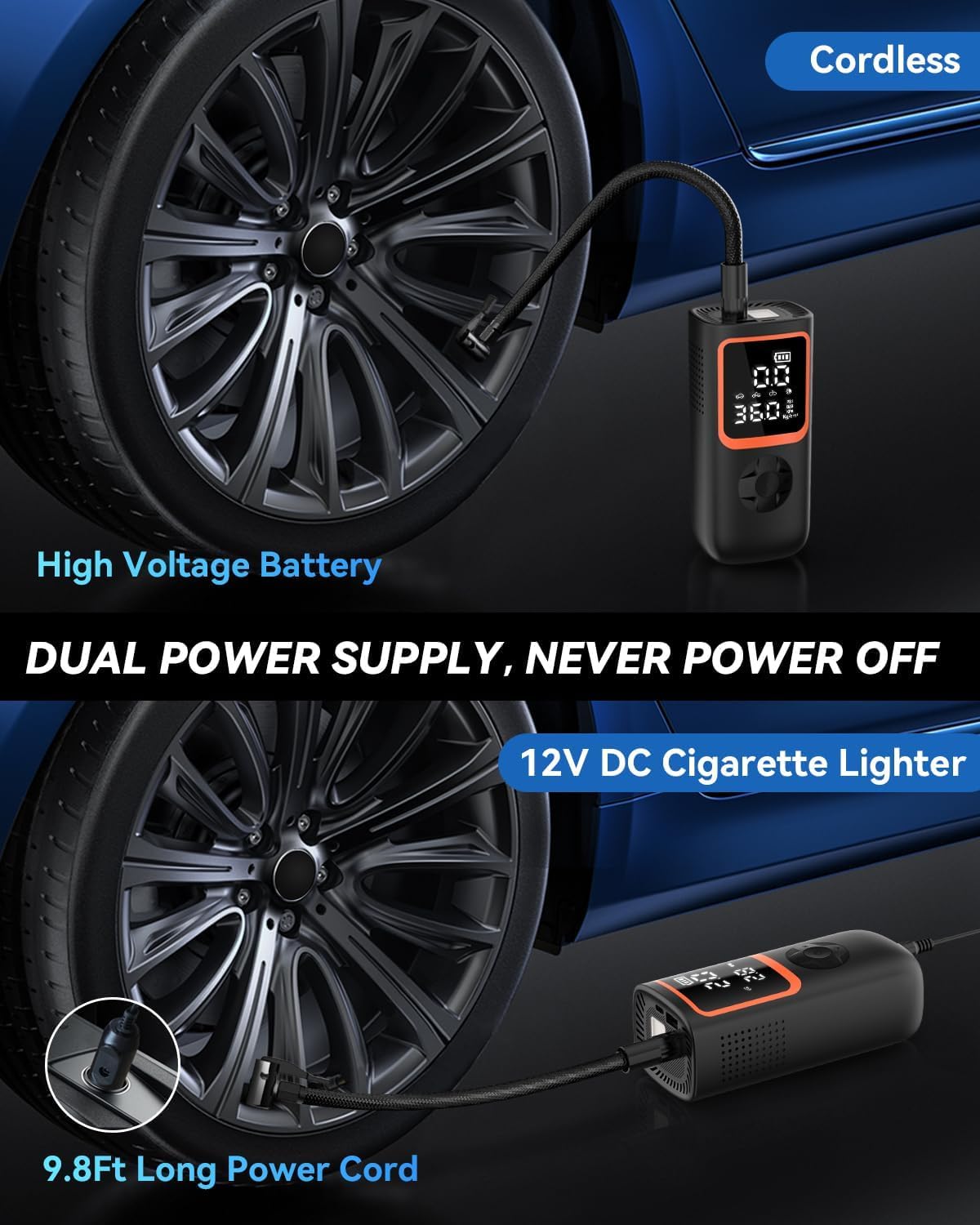 Elektrische Luftpumpe - 6000mAh & 150PSI Fahrradpumpe für Autoreifen mit Manometer & LED-Licht, 2X schnellere Aufblasung Mini Kompressor für Auto Fahrräder, Motorra 4